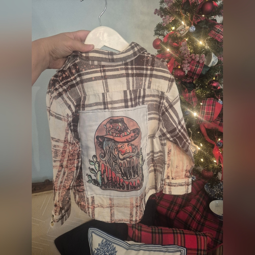 Upcycled Flannel- Cowboy Christmas Back Patch